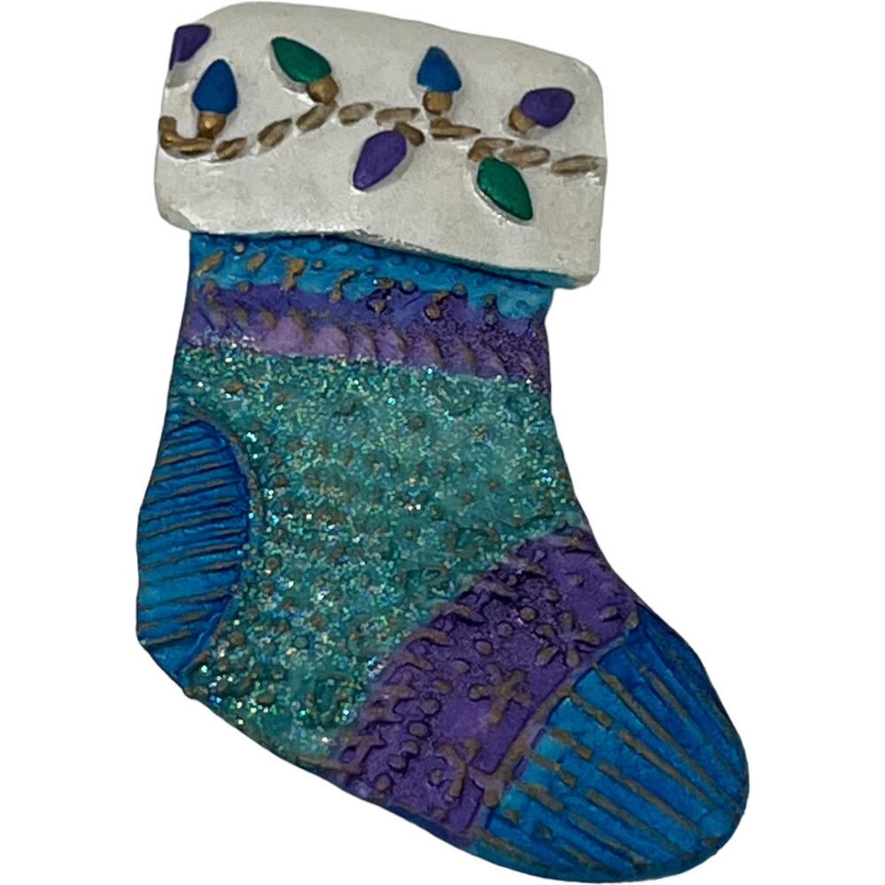 Vintage Handcrafted Christmas Stocking Brooch Pin Purple Teal Holiday Glitter